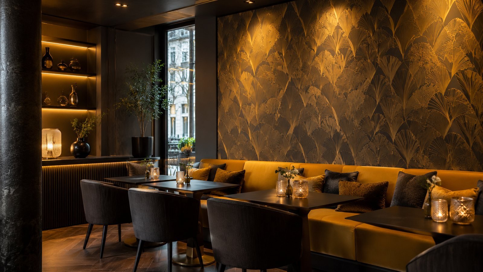 Espace lounge moderne avec motifs dorés