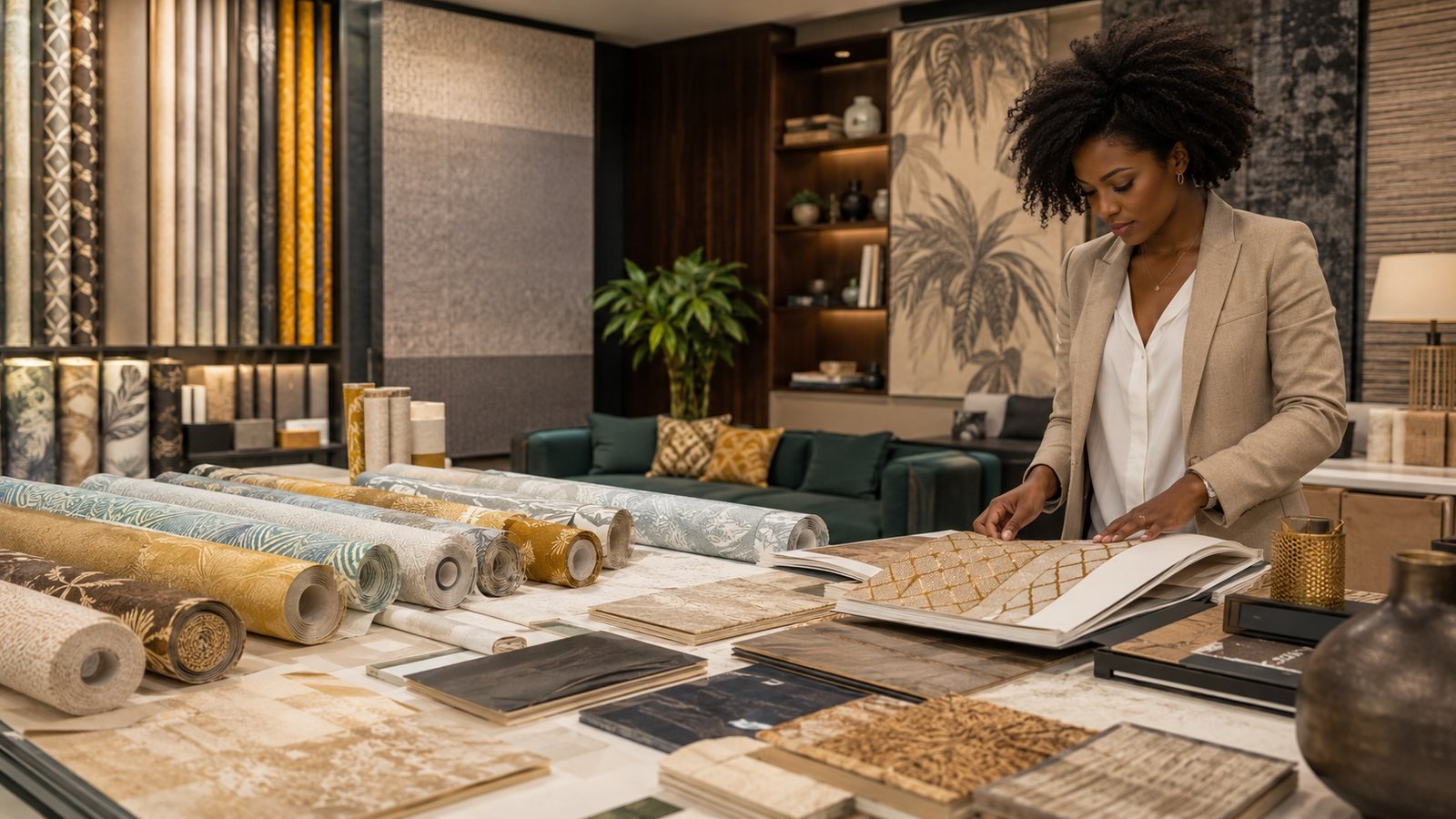 Showroom chaleureux avec matériaux et rouleaux