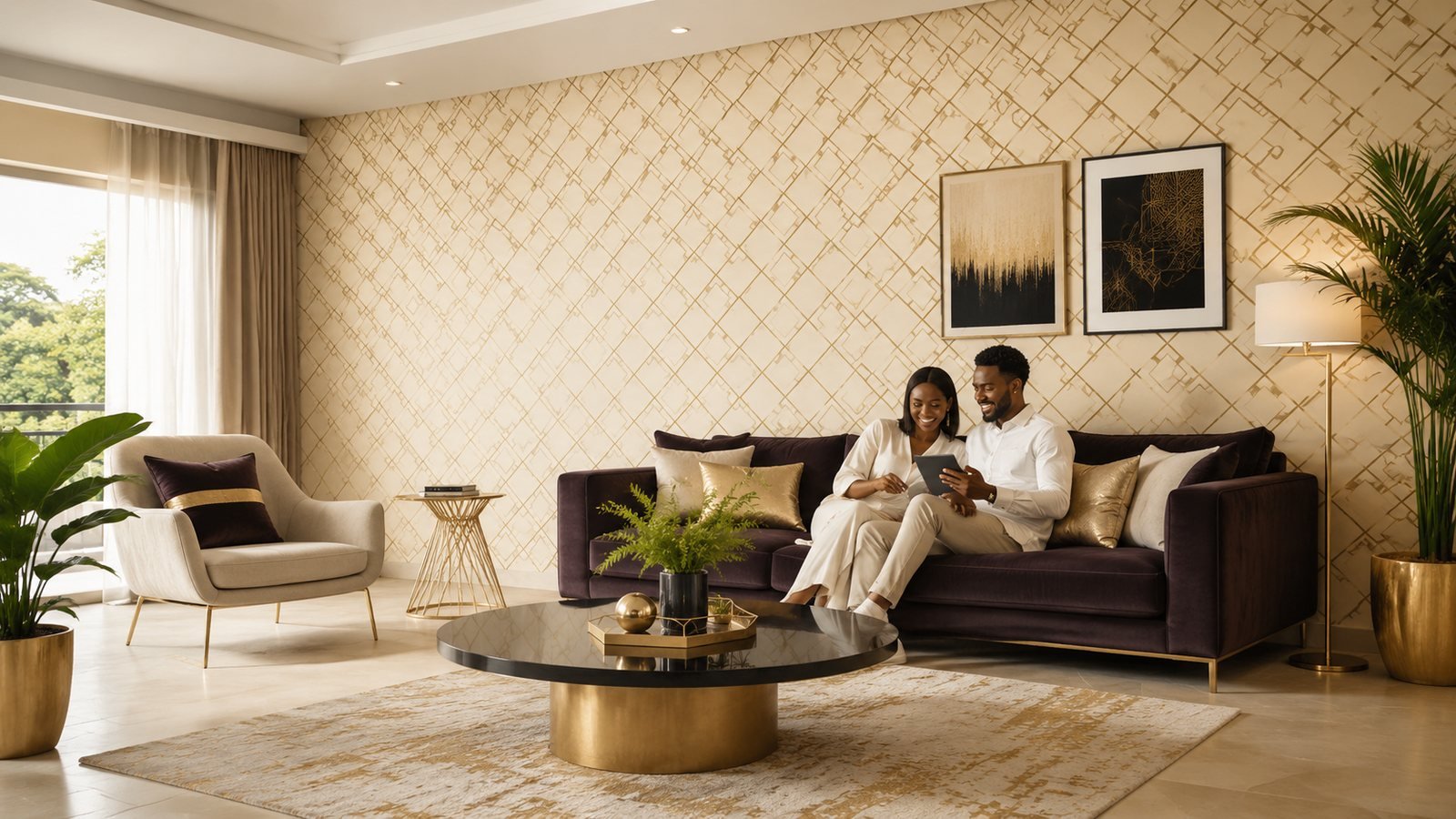 Salon moderne chaleureux avec couple africain et mur décoratif