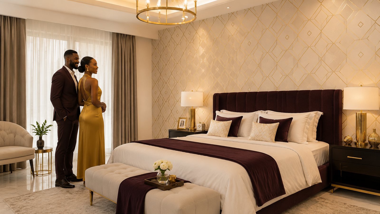 Chambre luxueuse terminée avec couple africain