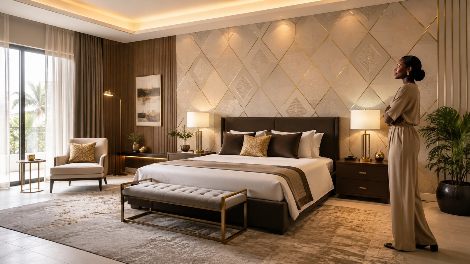 Chambre moderne avec accents dorés et papier peint